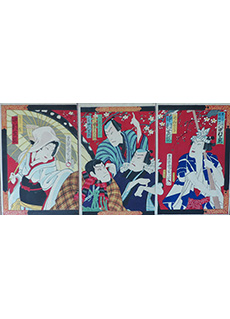 Kunichika Umbrella Triptych Woodblock