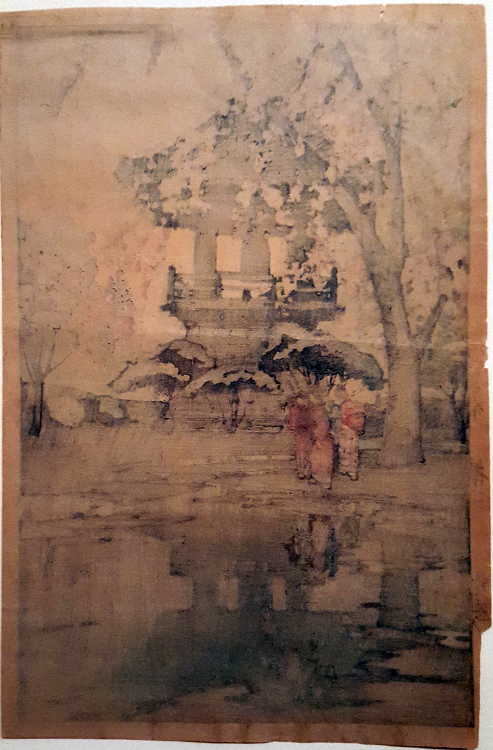 In a Temple Yard by Hiroshi Yoshida Jizuri Seal Japanese Woodblock 
